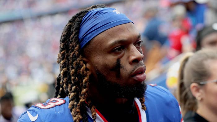 Damar Hamlin #3 of the Buffalo Bills walks to the tunnel