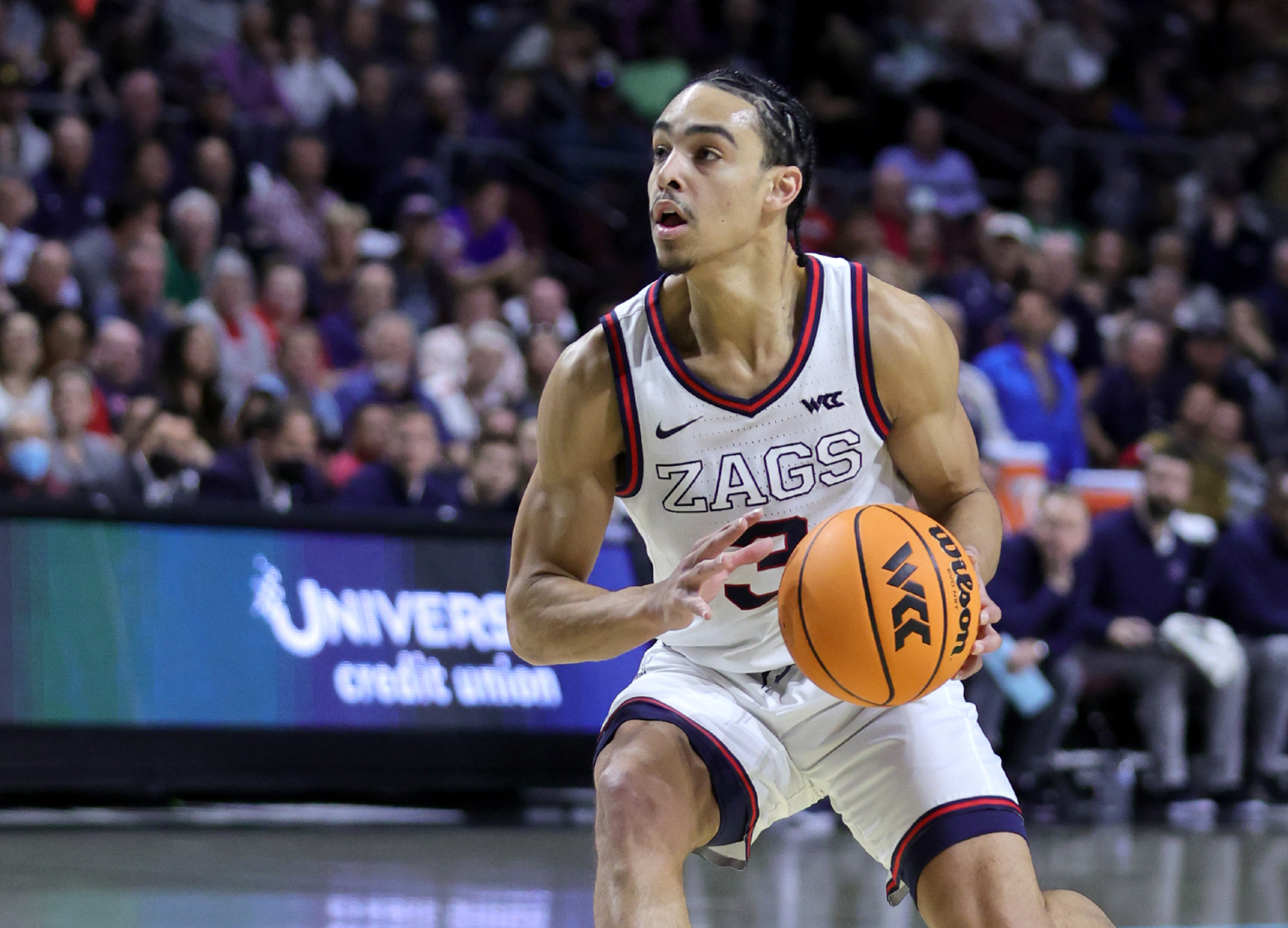 Andrew Nembhard wearing a Zags jersey on the court.
