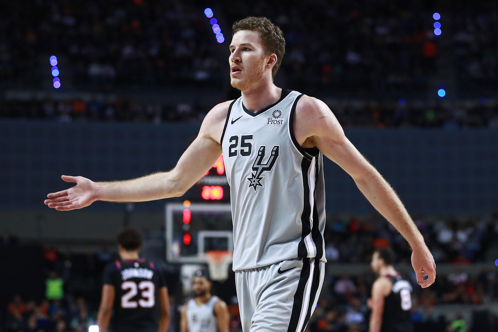 Jakob Poeltl #25 of the San Antonio Spurs celebrates during a game between San Antonio Spurs and Phoenix Suns