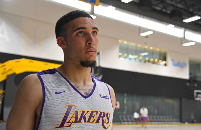 LiAngelo Ball walks on the court during the Los Angeles Lakers 2018 NBA Pre Draft Workout