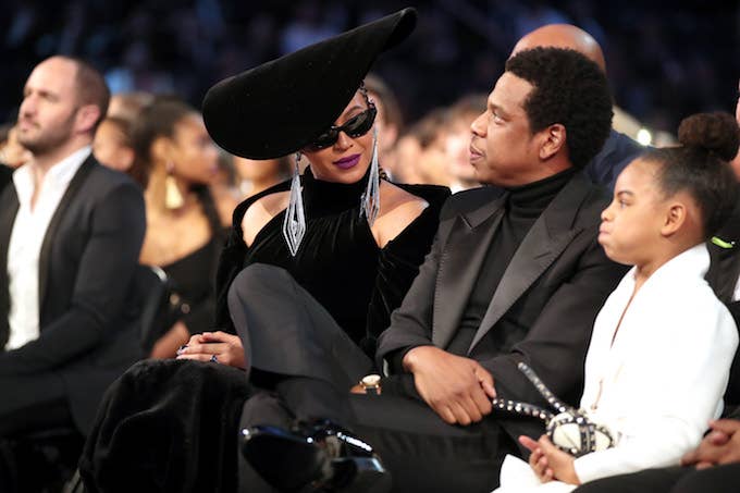 Beyonce, Jay Z and daughter Blue Ivy Carter attend the 60th Annual Grammy Awards.