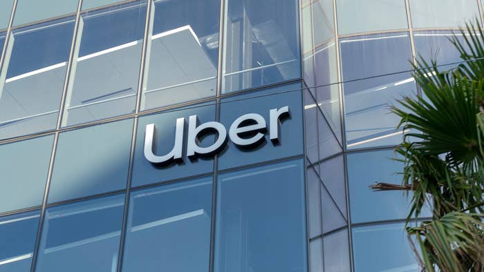 Logo is visible on facade at headquarters of ridesharing company Uber