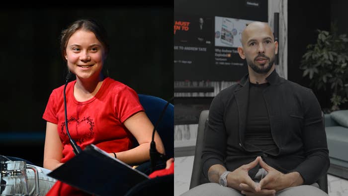 Greta Thunberg speaks at the The Climate Book launch, and Andrew Tate in a screenshot from his website.