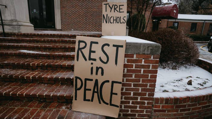 Photograph of Tyre Nichols RIP signs