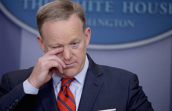 Sean Spicer answers reporters&#x27; questions during the daily news conference