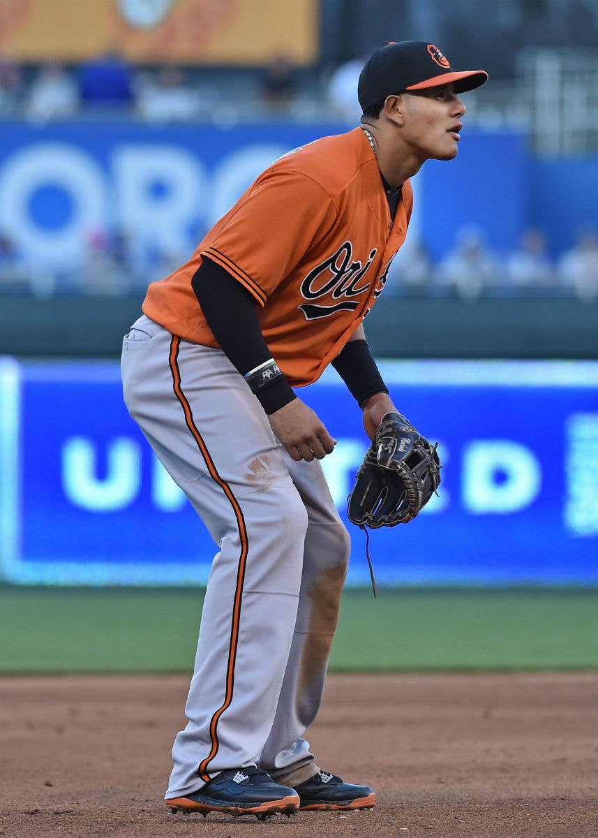 Manny Machado of the Baltimore Orioles wears Nike batting gloves