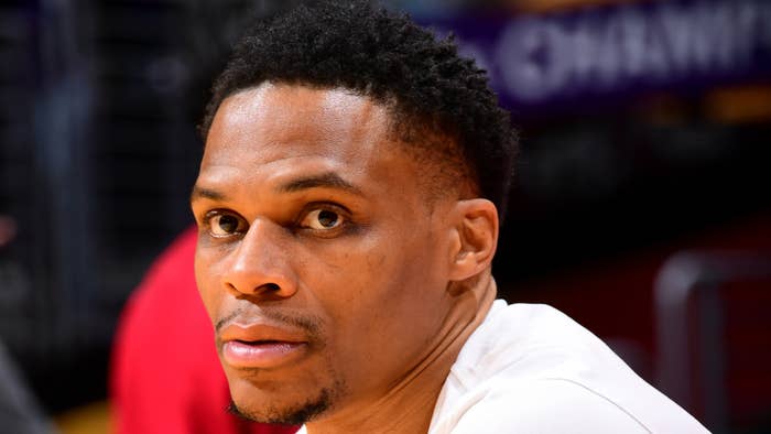 Russell Westbrook looks on before the game against the San Antonio Spurs.