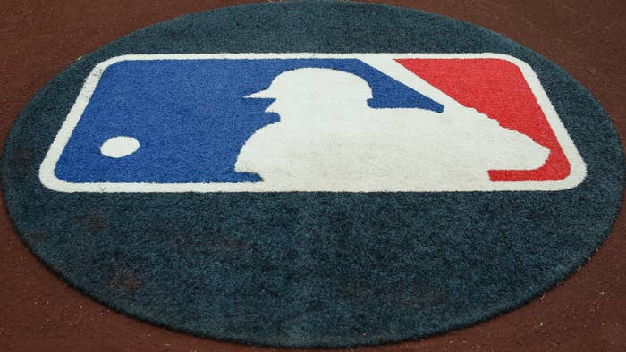 The Major League Baseball logo on the on deck circle.