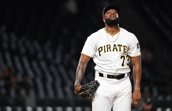 Felipe Vazquez reacts after allowing a walk in the ninth inning.