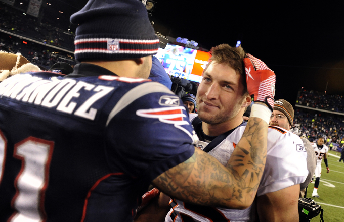 Aaron Hernandez and Tim Tebow, January 14, 2012 at Gillette Stadium