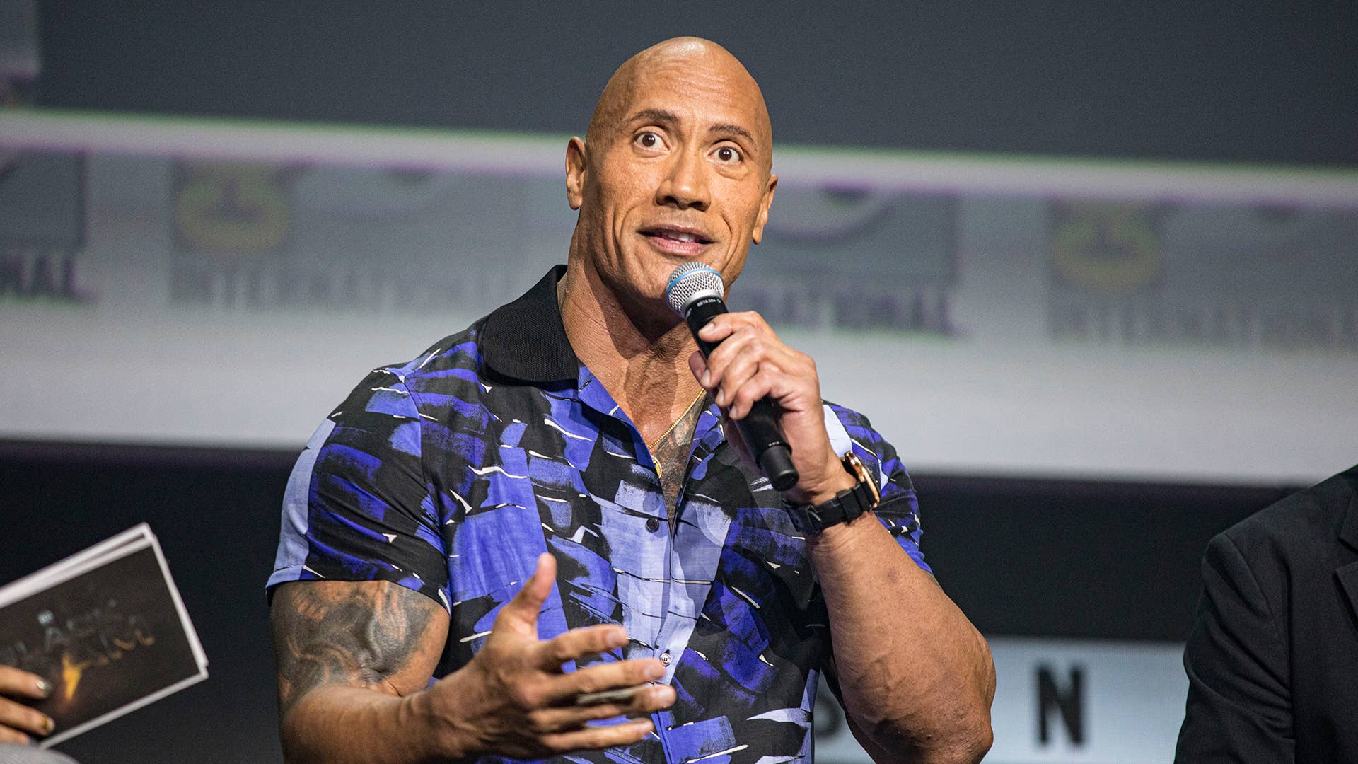 Actor Dwayne "The Rock" Johnson appears at the Warner Brothers panel comic con 2022