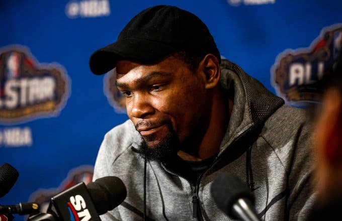 Kevin Durant answers questions at 2017 NBA All Star Weekend.