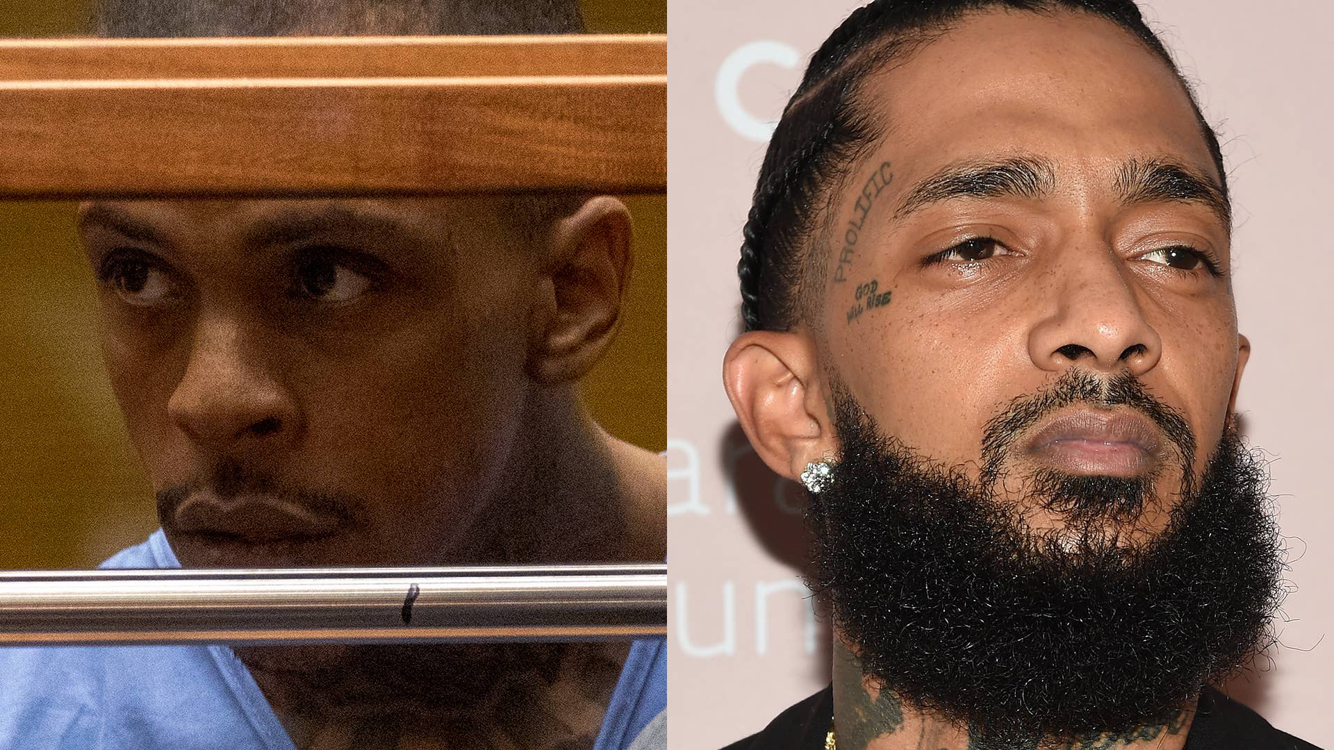Eric Holder sits in court on trial for the murder of Nipsey Hussle, seen on the right