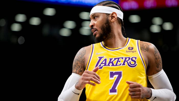 Carmelo Anthony #7 of the Los Angeles Lakers looks out during the game.