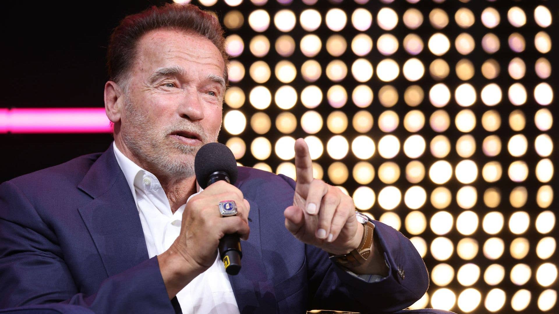 Arnold Schwarzenegger speaks in his keynote about digital sustainability during the Digital X event