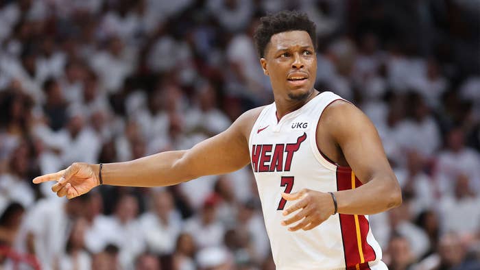 Kyle Lowry #7 of the Miami Heat reacts against the Atlanta Hawks during the fourth quarter in Game Two