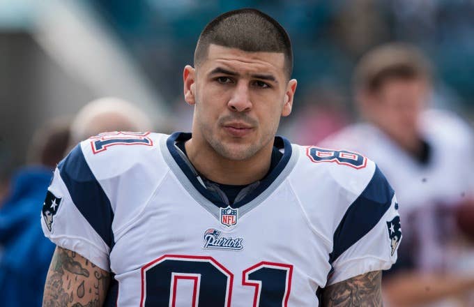Aaron Hernandez on the field for the Patriots.