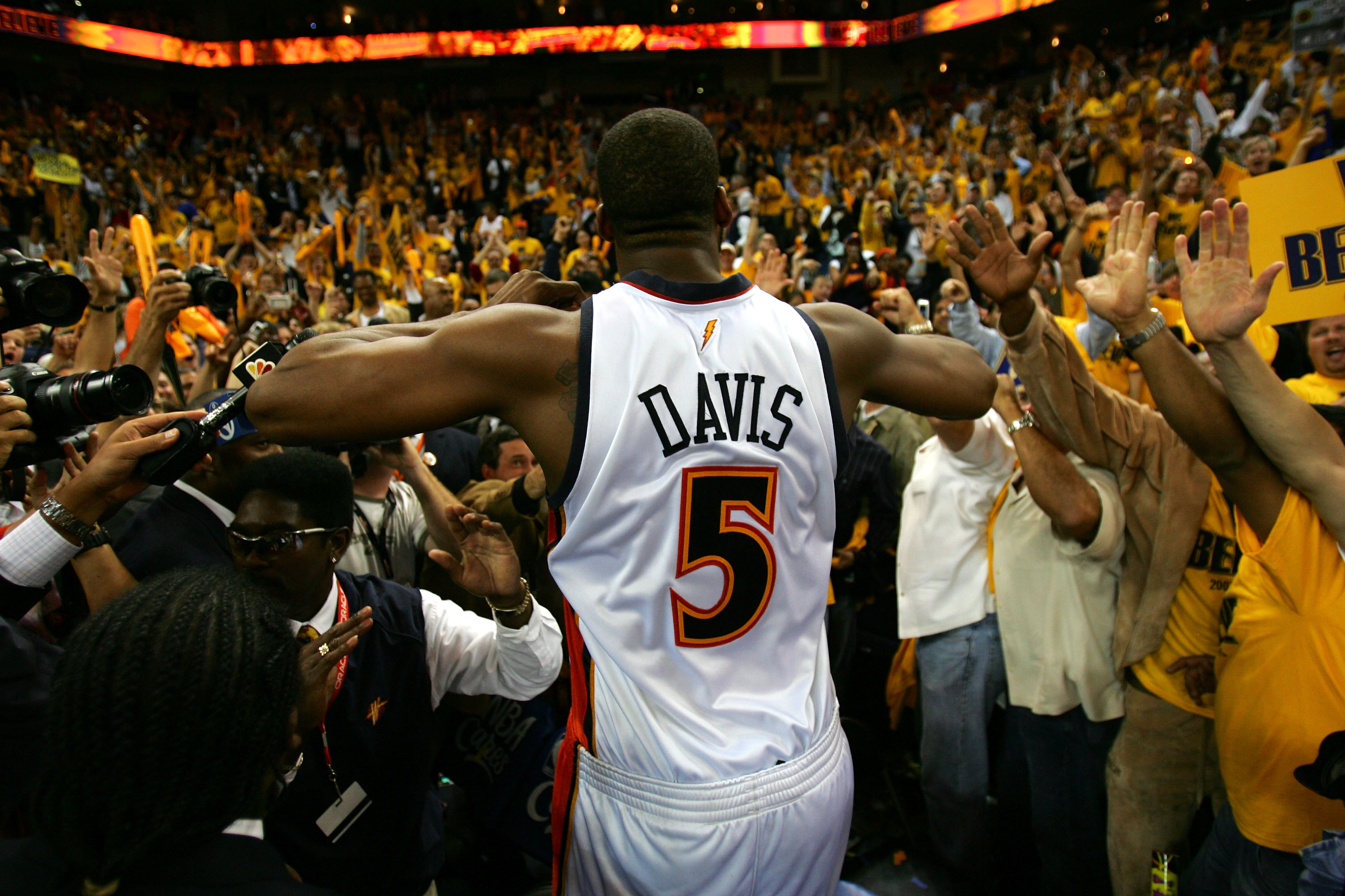 This is a photo of Baron Davis after the Warriors beat the Dallas Mavericks.