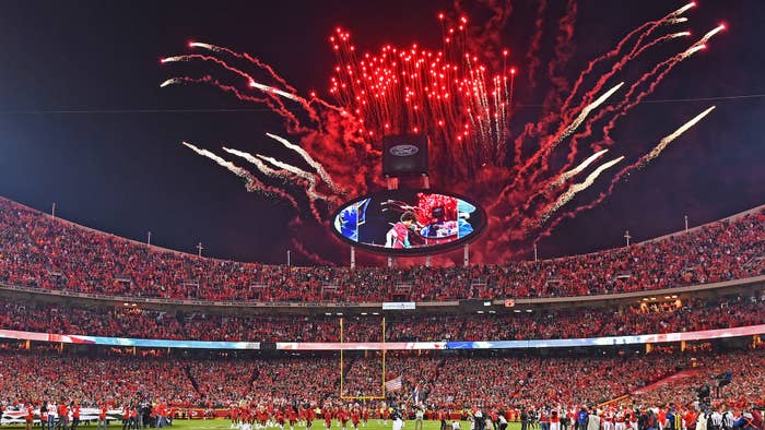 Fireworks go off during the national anthem, prior to a game at Arrowhead Stadium.