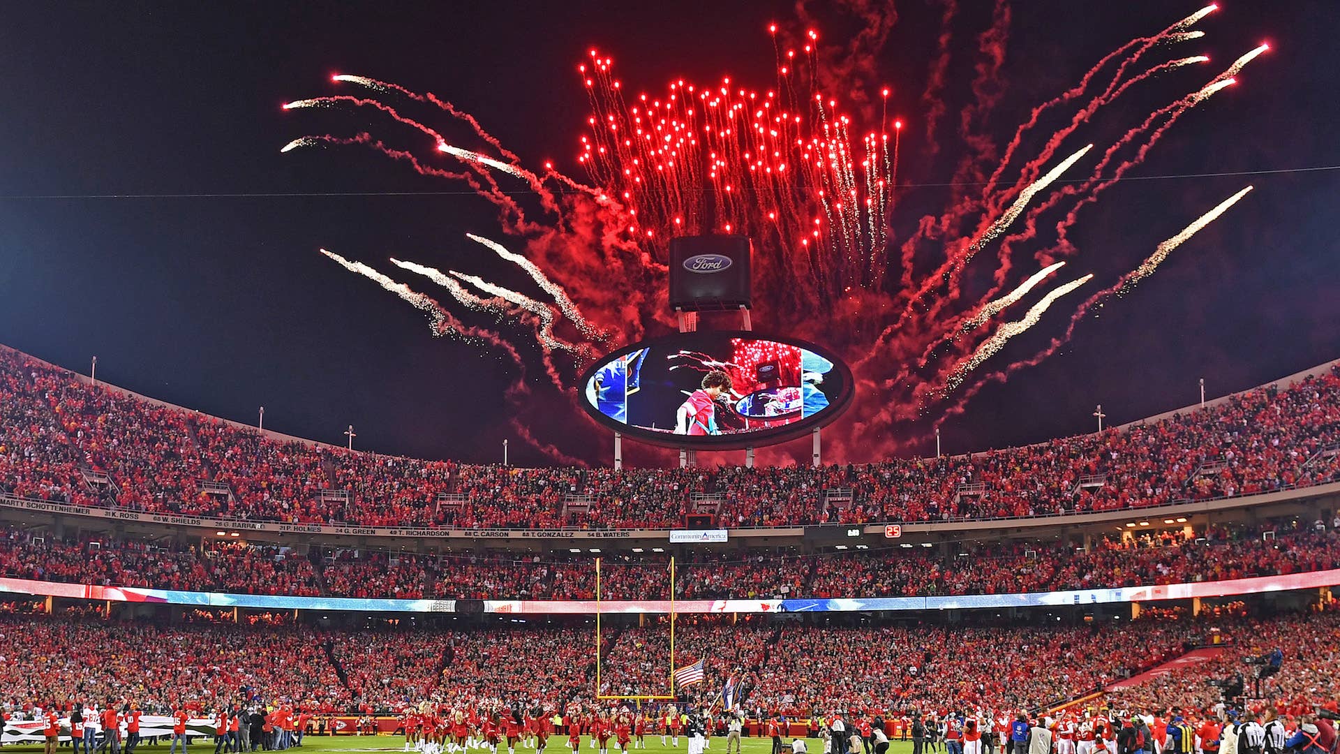 Fireworks go off during the national anthem, prior to a game at Arrowhead Stadium.