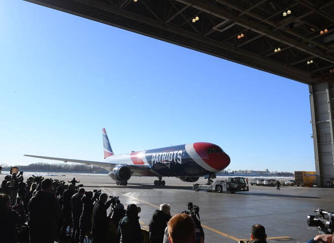 The New England Patriots team plane arrives for Super Bowl LII