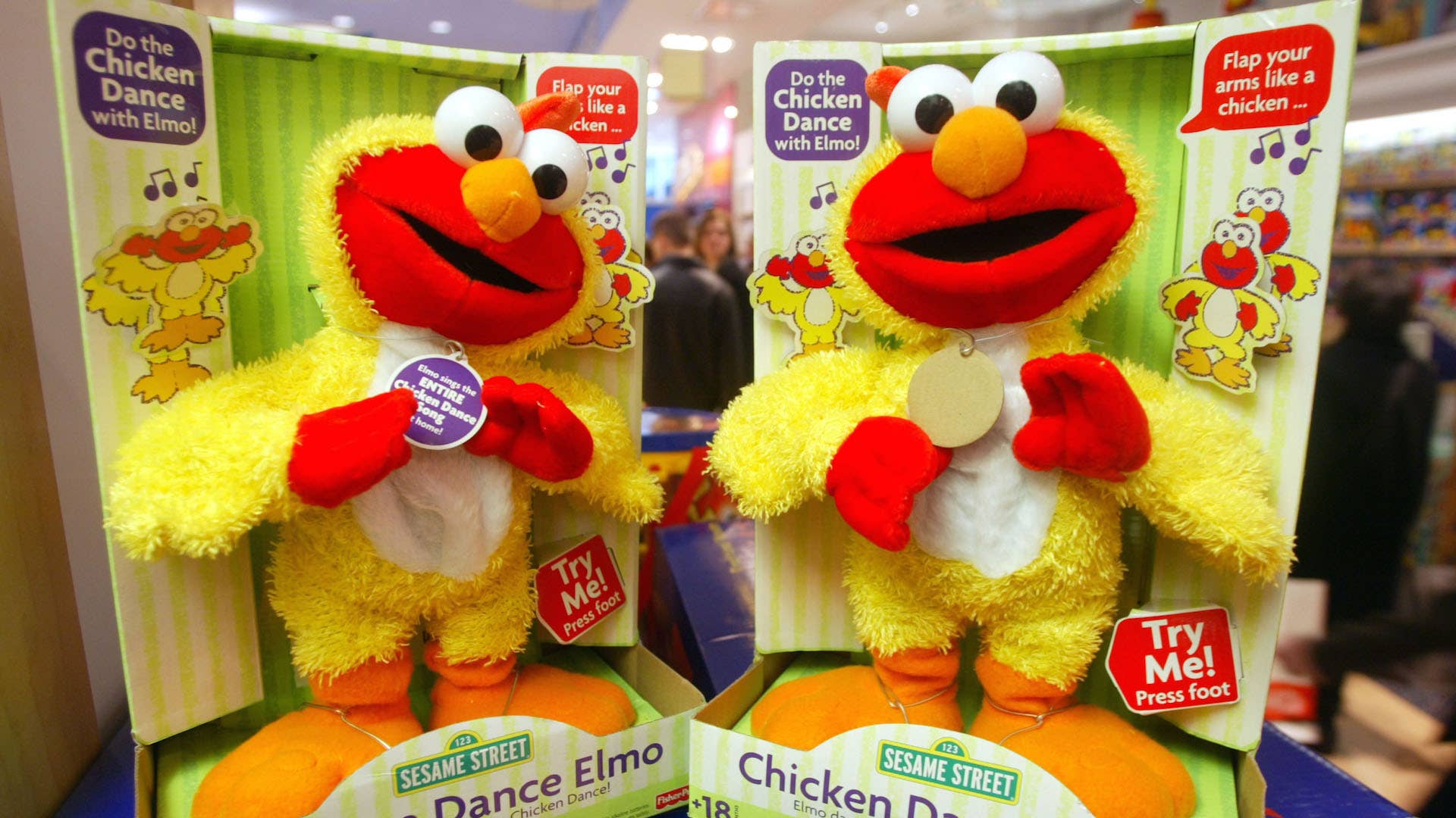 Chicken Dance Elmo doll is seen in the FAO Schwarz store
