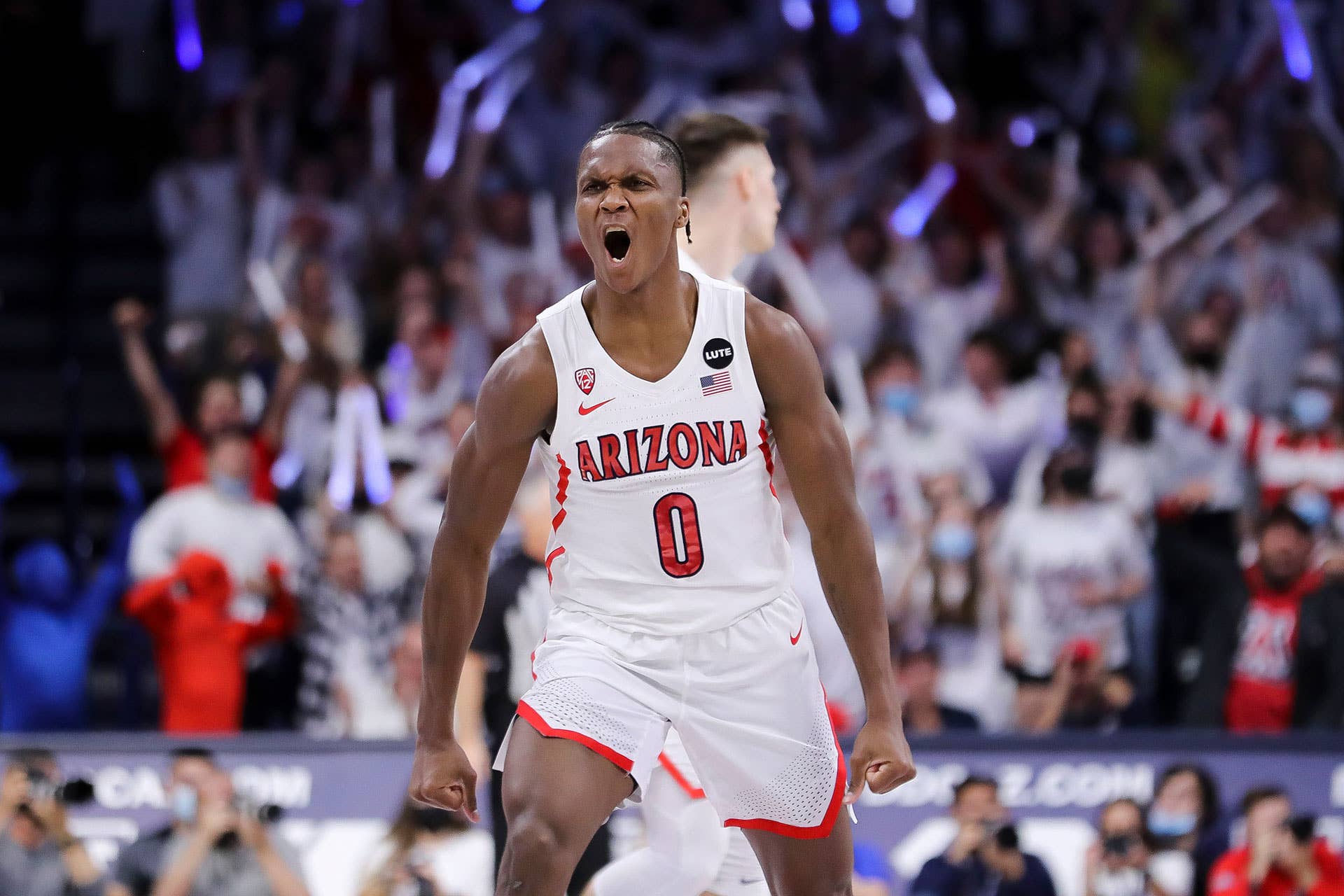 Guard Bennedict Mathurin #0 of the Arizona Wildcats roars during the game against the Oregon Ducks
