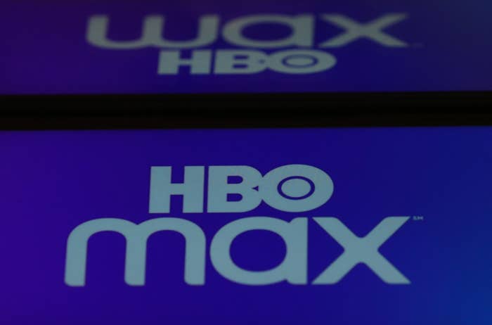 HBO Max logos are displayed on a mobile phone and a laptop screen