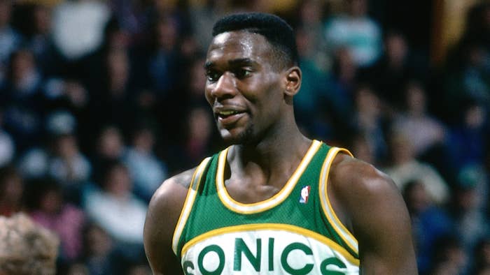 Shawn Kemp stands on the court during a game against the Boston Celtics circa 1990.