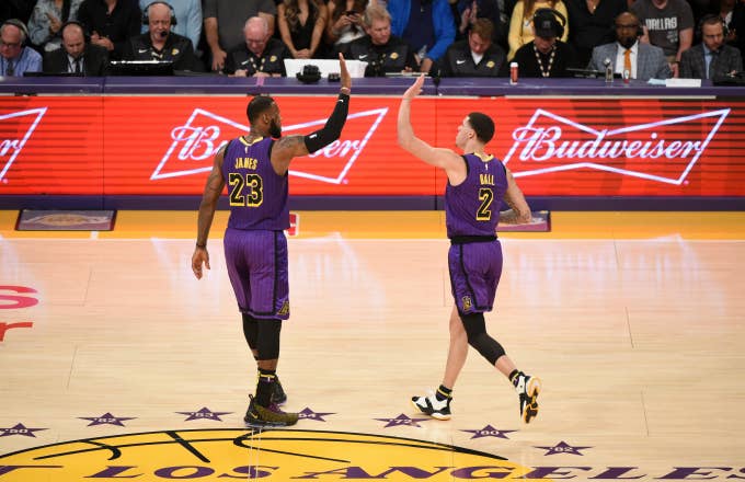LeBron James #23 and Lonzo Ball #2 of the Los Angeles Lakers
