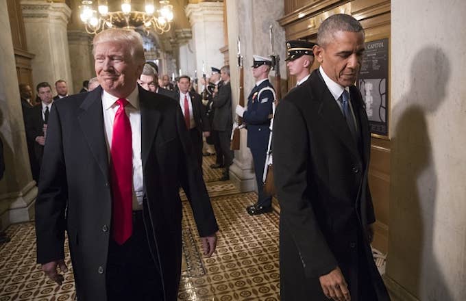 Donald Trump, left, and President Barack Obama arrive for Trump&#x27;s inauguration ceremony