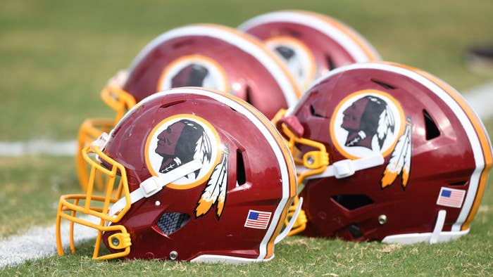 Redskins helmets lined up at training camp.