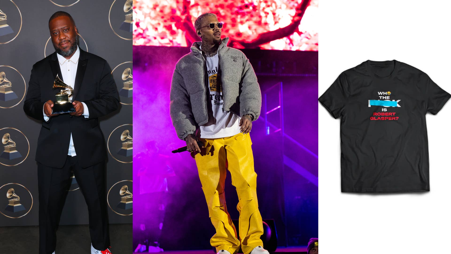 Robert Glasper Chris Brown and a charity t shirt are pictured