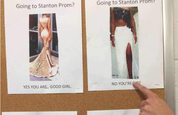Flyer shows which types of dresses are appropriate for prom.