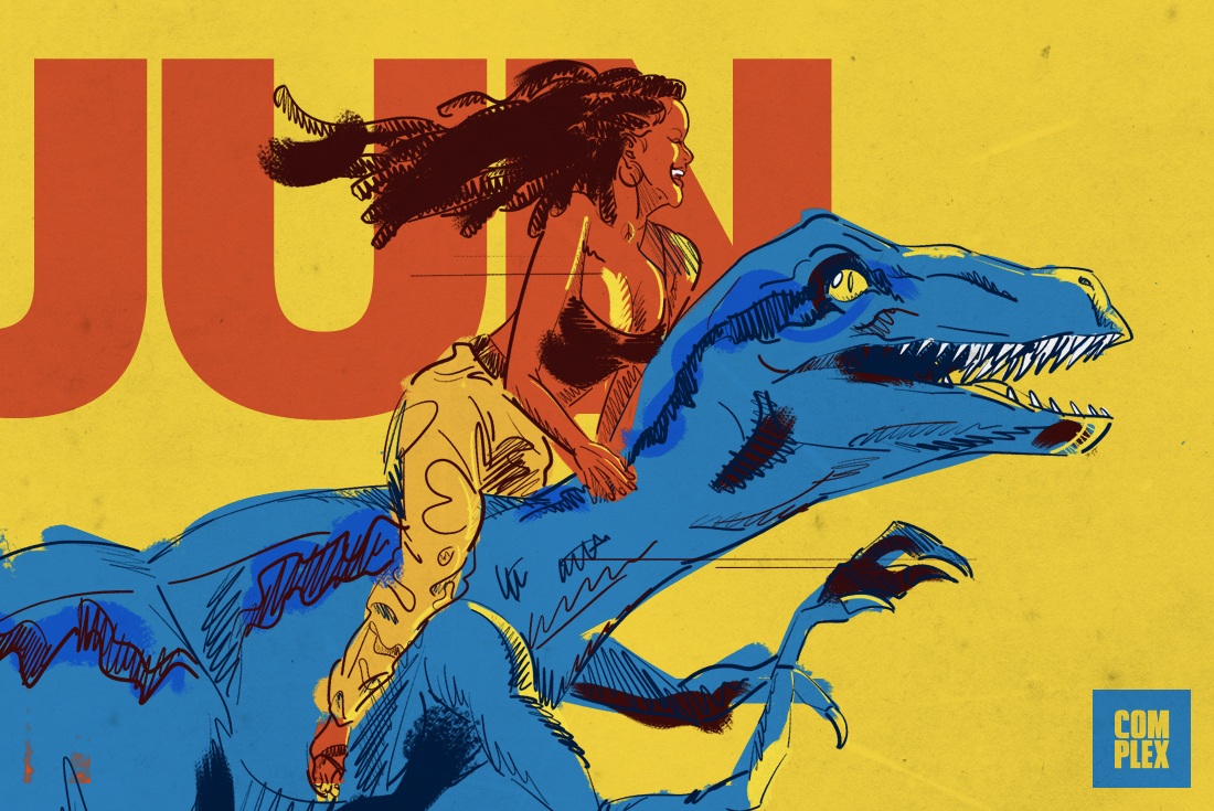 Rihanna riding a dinosaur