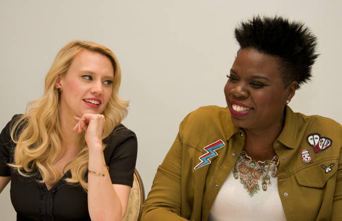 Kate McKinnon and Leslie Jones at the "Ghostbusters" Press Conference