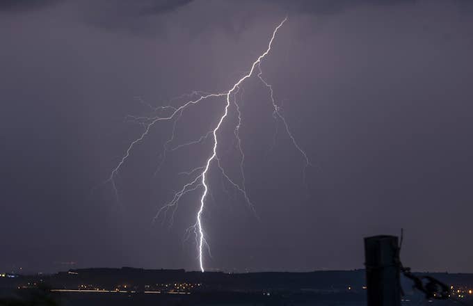 Baden Wuerttemberg, Ebringen: Lightning strikes the ground during a thunderstorm.