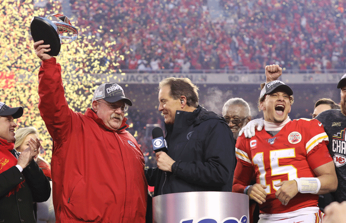 The Kansas City Chiefs celebrate after winning the AFC Championship.