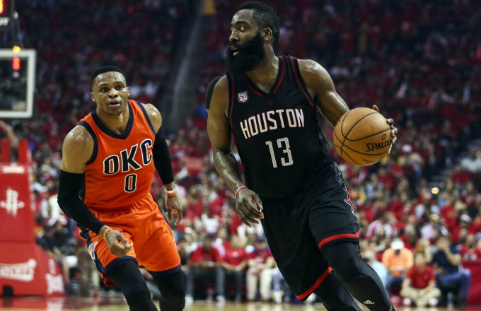 Russell Westbrook trails James Harden on the court.