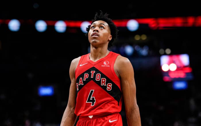 Scottie Barnes #4 of the Toronto Raptors looks on in a break run play against the Indiana Pacers