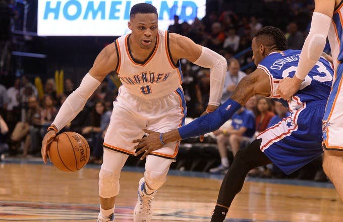 Russell Westbrook drives against the 76ers.