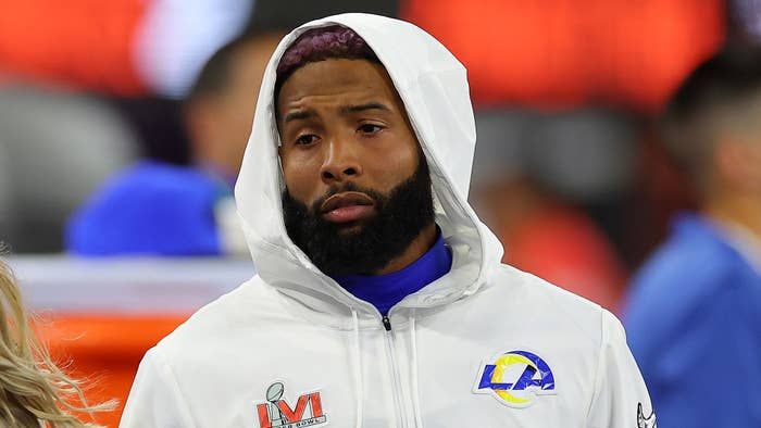 Odell Beckham Jr. #3 of the Los Angeles Rams looks on from the bench area