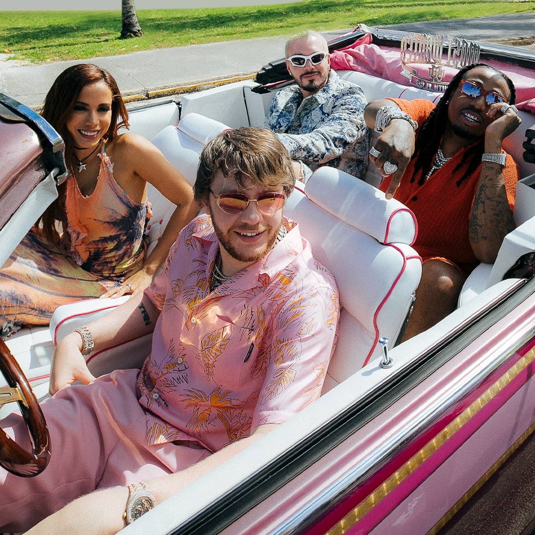 Murda Beatz driving a convertible with Anitta, J. Balvin, and Quavo as passengers
