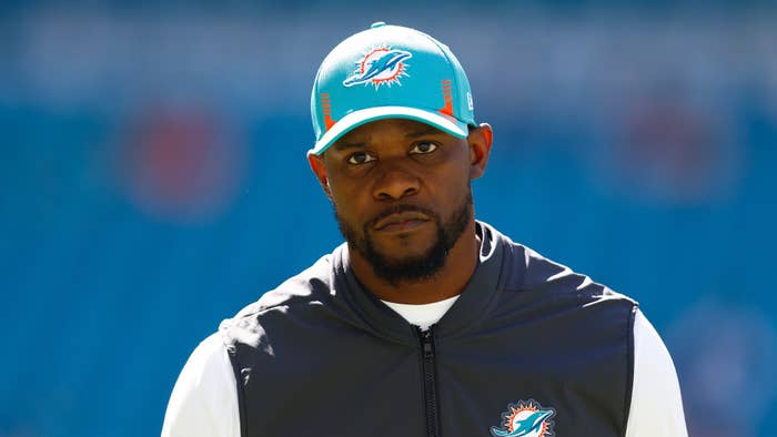 Head coach Brian Flores of the Miami Dolphins looks on against the Baltimore Ravens