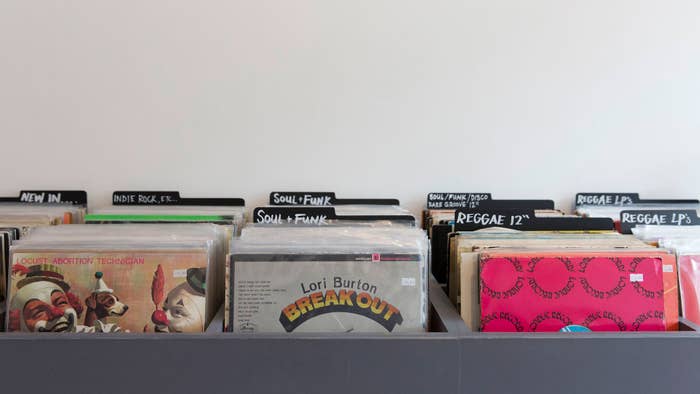 Photograph of vinyl albums at record store