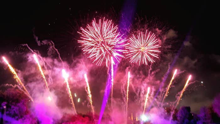 A stock photo of various fireworks exploding in the sky.