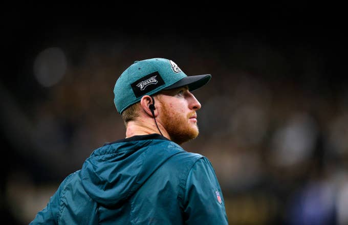 Carson Wentz #11 of the Philadelphia Eagles reacts during the NFC Divisional Playoff