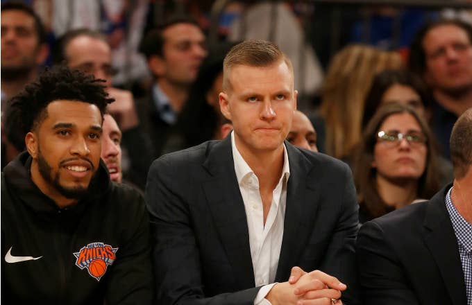 Kristaps Porzingis #6 of the New York Knicks looks on during a game