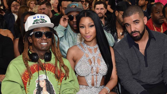 Recording artists Lil Wayne, Nicki Minaj, and Drake attend the 2017 Billboard Music Awards