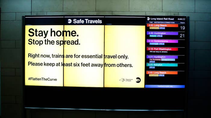 Train departures are displayed in Penn Station